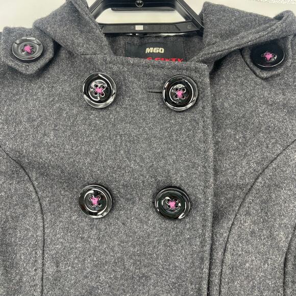 Y2K Miss Sixty Wool Military Hooded Pea Coat Sz S Double Breasted Goth Academia - Picture 2 of 12